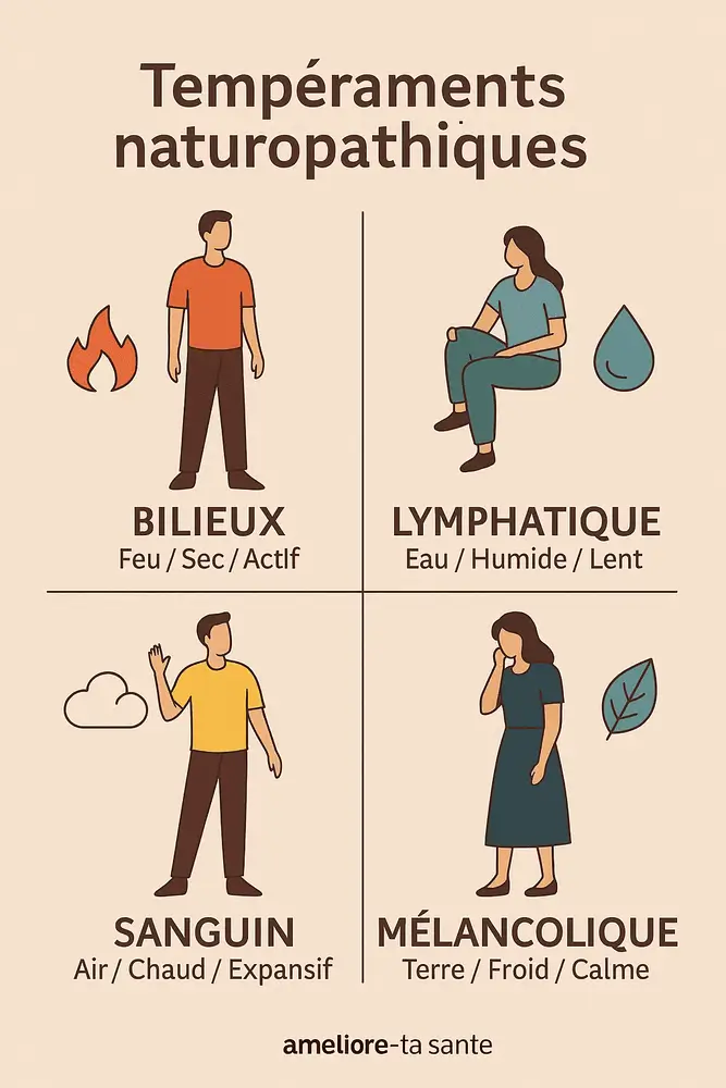 Illustration des tempéraments naturopathiques : bilieux, lymphatique, sanguin et mélancolique
